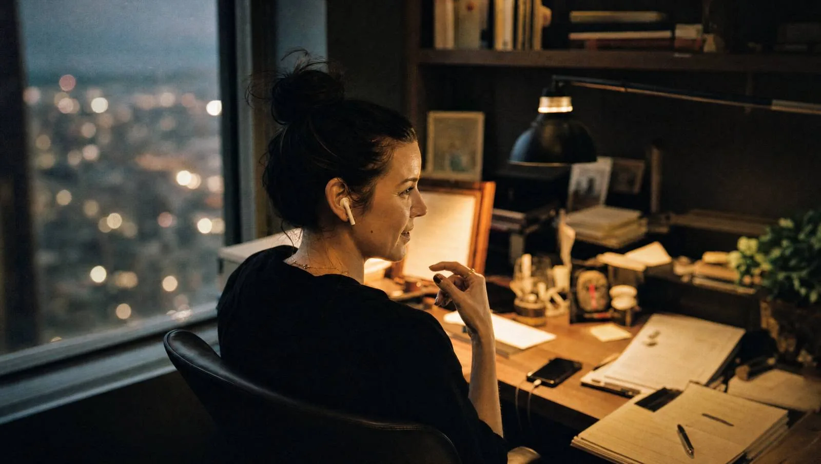 A person taking part in a Cartorga voice interview at their desk, relaxed and mid-conversation